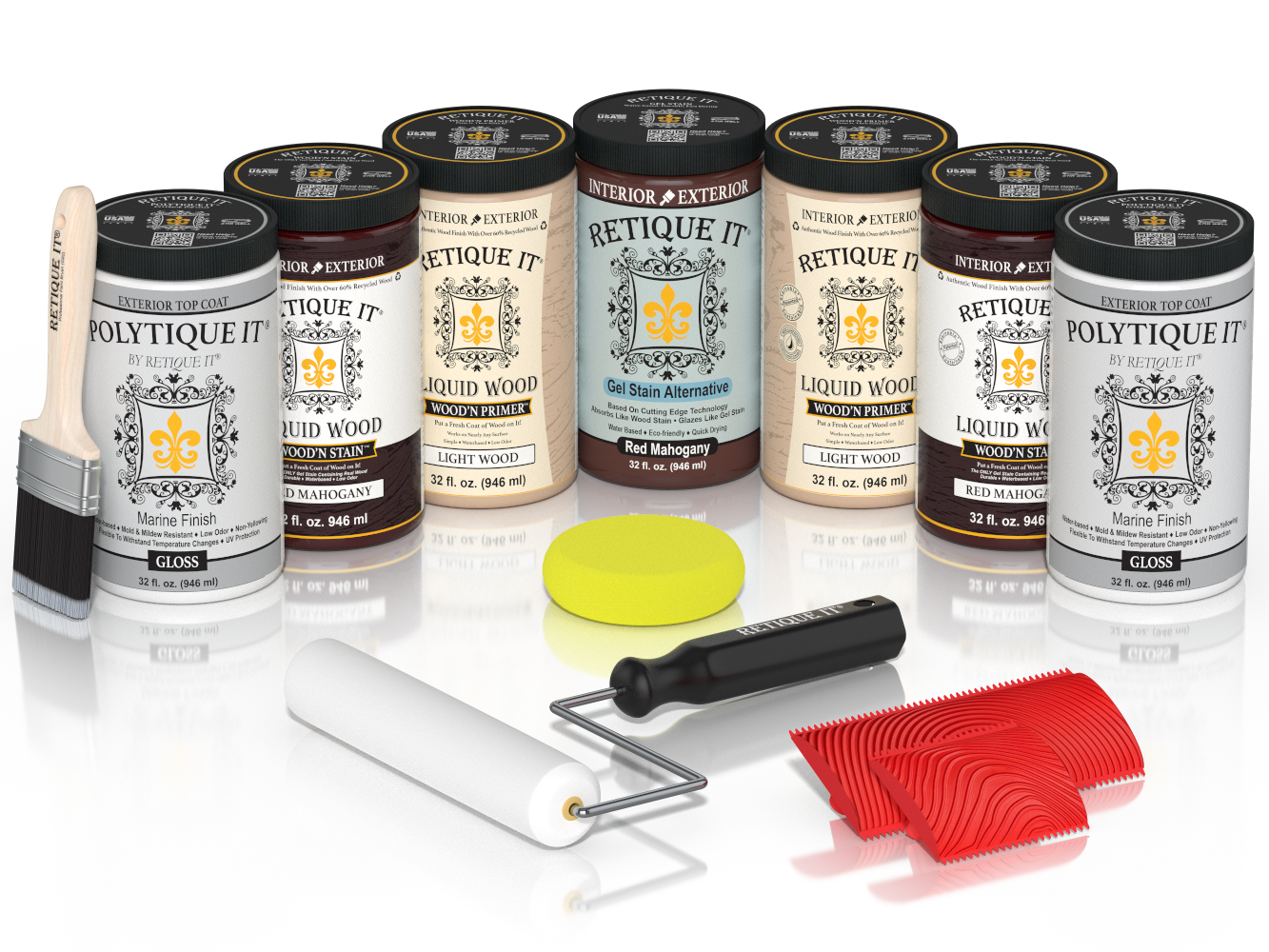Retique It Red Mahogany Wood'n Kit with Gloss PolyTique It top coat, featuring Red Mahogany Liquid Wood stain, Light Wood primer, Red Mahogany Gel Stain Alternative, paint brush, white roller, yellow sponge, and red graining tools.