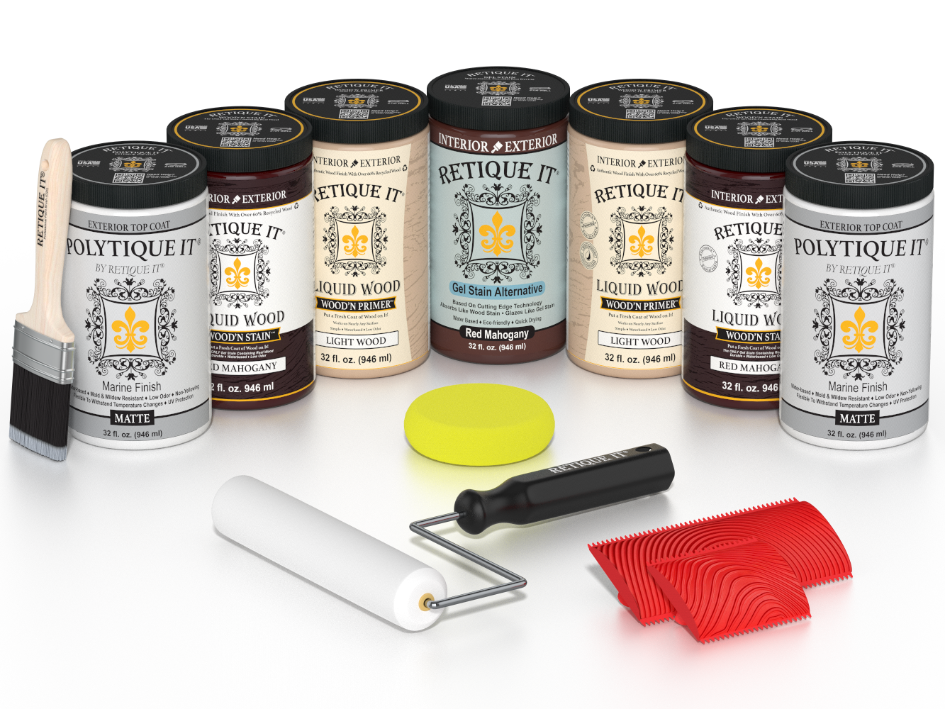 Retique It Red Mahogany Wood'n Kit featuring Red Mahogany Liquid Wood stain, Light Wood primer, Red Mahogany Gel Stain Alternative, paint brush, white roller, yellow sponge, and red graining tools.