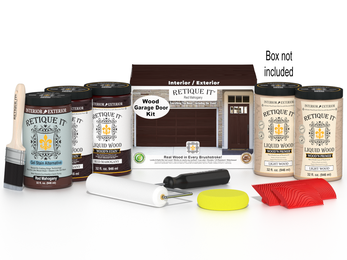 Retique It Red Mahogany Wood Garage Door Kit featuring Red Mahogany Liquid Wood stain, Light Wood primer, Red Mahogany Gel Stain Alternative, paint brush, white roller, yellow sponge, red graining tools, and product box.