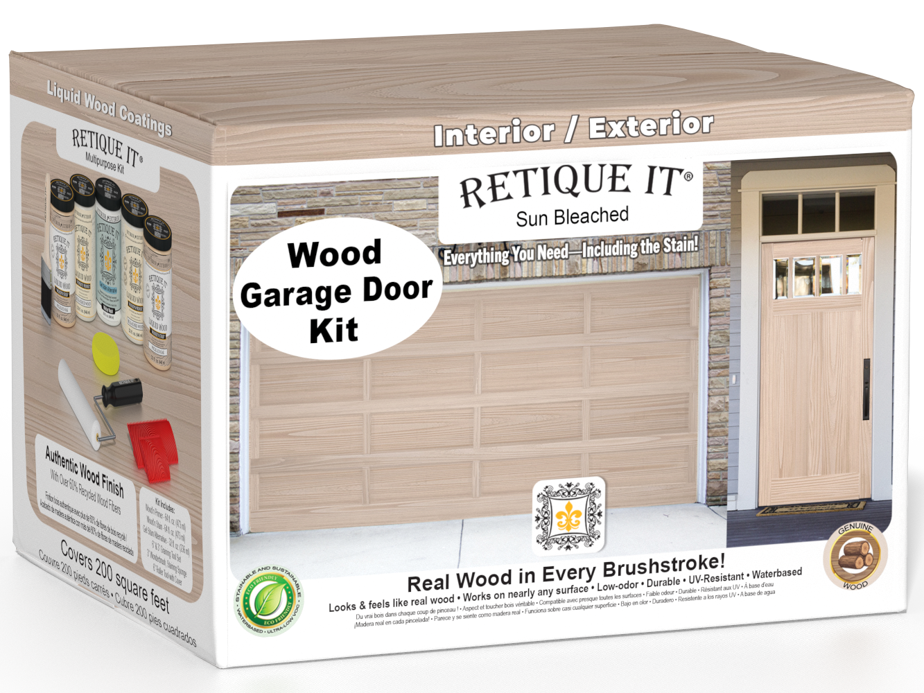 Retique It® Sun Bleached Wood Garage Door Kit product box featuring a light weathered wood finish, wood-look garage door and entry door examples, interior/exterior use label, and included refinishing tools and coatings for creating a realistic wood appearance.