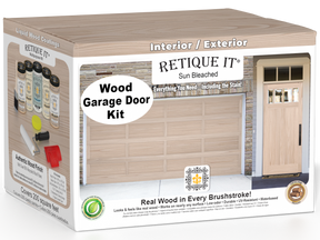 Retique It® Sun Bleached Wood Garage Door Kit product box featuring a light weathered wood finish, wood-look garage door and entry door examples, interior/exterior use label, and included refinishing tools and coatings for creating a realistic wood appearance.