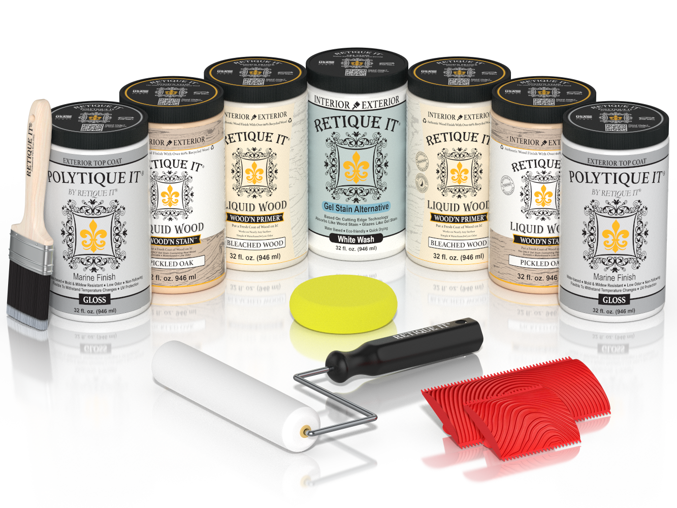 Retique It® Sunbleached Wood Kit with Liquid Wood®, White Wash Gel Stain Alternative, Politique It® Gloss Finish, yellow sponge, red graining tool, rollers, and brush.