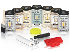 Retique It® Sunbleached Wood Kit with Liquid Wood®, White Wash Gel Stain Alternative, Politique It® Gloss Finish, yellow sponge, red graining tool, rollers, and brush.