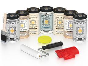 Retique It® Sun Bleached finishing system with PolyTique It® Satin top coat, Wood’n Primer, Pickled Oak stain, White Wash Gel Stain Alternative, paintbrush, roller, yellow sponge, and red graining tools.