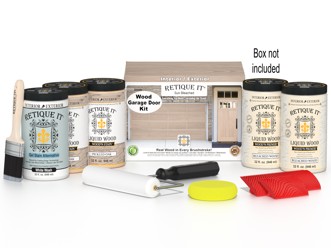 Retique It® Sun Bleached Wood Garage Door Kit with Liquid Wood Wood’n Primer in Bleached Wood, Liquid Wood Wood’n Stain in Pickled Oak, White Wash Gel Stain Alternative, paintbrush, roller, yellow sponge, red graining tools, and product box displayed for creating a realistic wood-look garage door finish.