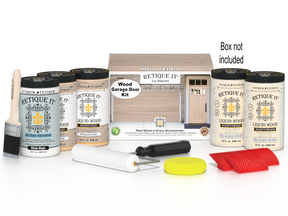 Retique It® Sun Bleached Wood Garage Door Kit with Liquid Wood Wood’n Primer in Bleached Wood, Liquid Wood Wood’n Stain in Pickled Oak, White Wash Gel Stain Alternative, paintbrush, roller, yellow sponge, red graining tools, and product box displayed for creating a realistic wood-look garage door finish.