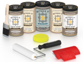 Retique It® Weathered Wood Kit with Liquid Wood®, Weathered Wood Gel Stain Alternative, yellow sponge, red graining tool, roller, and brush.