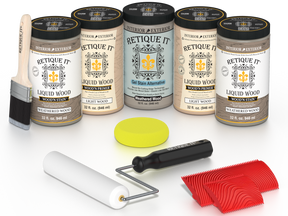 Retique It® Weathered Wood Kit with Liquid Wood®, Weathered Wood Gel Stain Alternative, yellow sponge, red graining tool, roller, and brush.