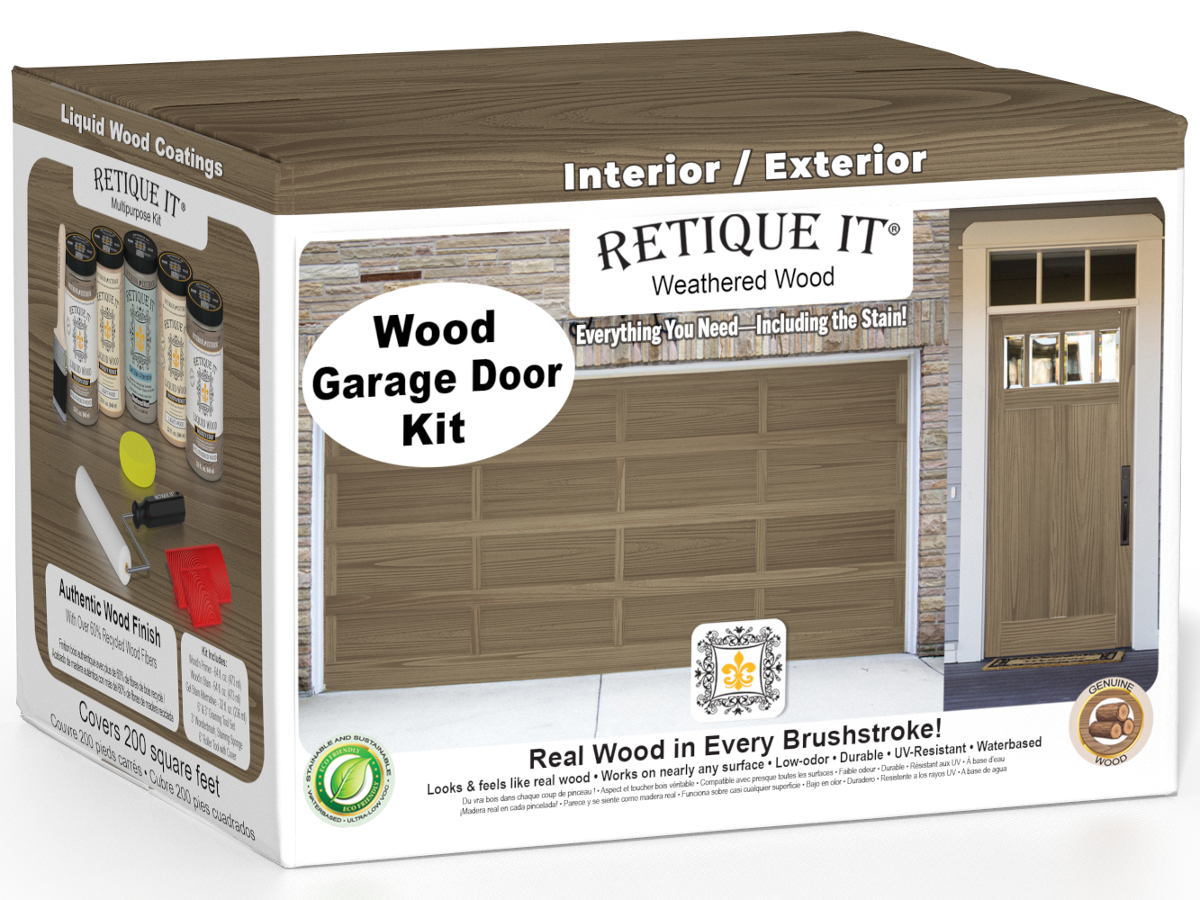 Retique It® Weathered Wood Wood Garage Door Kit box featuring garage door and entry door wood finish transformation.