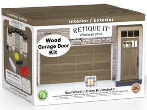 Retique It® Weathered Wood Wood Garage Door Kit box featuring garage door and entry door wood finish transformation.