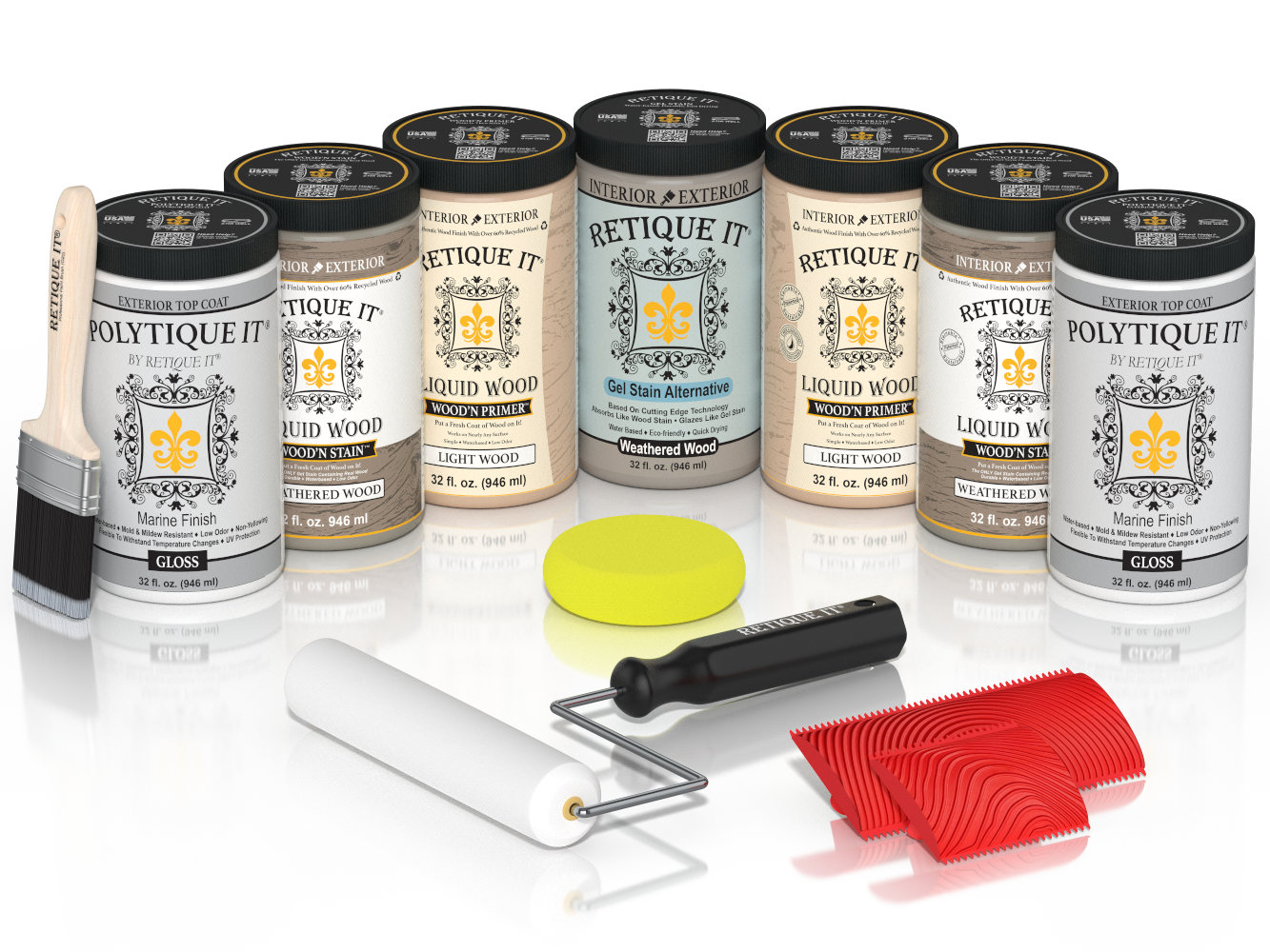 Retique It® Weathered Wood Kit with Liquid Wood®, Weathered Wood Gel Stain Alternative, Politique It® Gloss Finish, yellow sponge, red graining tool, rollers, and brush.