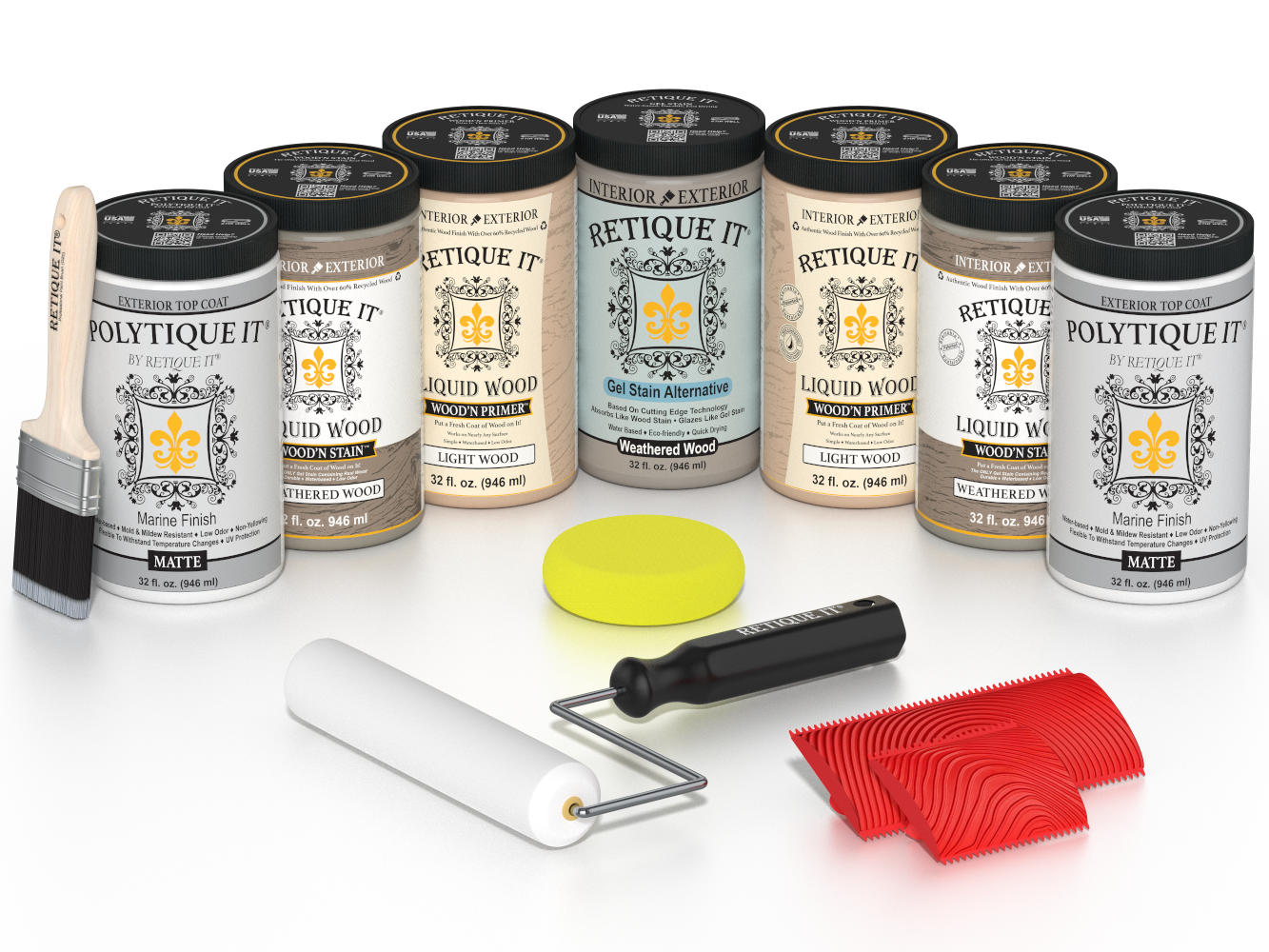 Retique It® Weathered Wood Kit with Liquid Wood®, Weathered Wood Gel Stain Alternative, Politique It® Matte Finish, yellow sponge, red graining tool, roller, and brush.