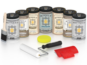 Retique It® Weathered Wood Kit with Liquid Wood®, Weathered Wood Gel Stain Alternative, Politique It® Matte Finish, yellow sponge, red graining tool, roller, and brush.