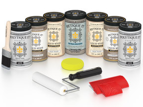Retique It® Weathered Wood Kit with Liquid Wood®, Weathered Wood Gel Stain Alternative, Politique It® Satin Finish, yellow sponge, red graining tool, roller, and brush.