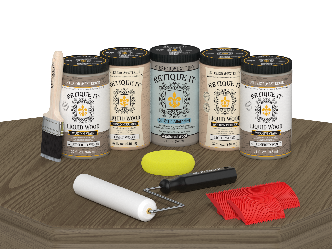 Retique It® Weathered Wood Kit with Liquid Wood®, Weathered Wood Gel Stain Alternative, yellow sponge, red graining tool, roller, and brush.