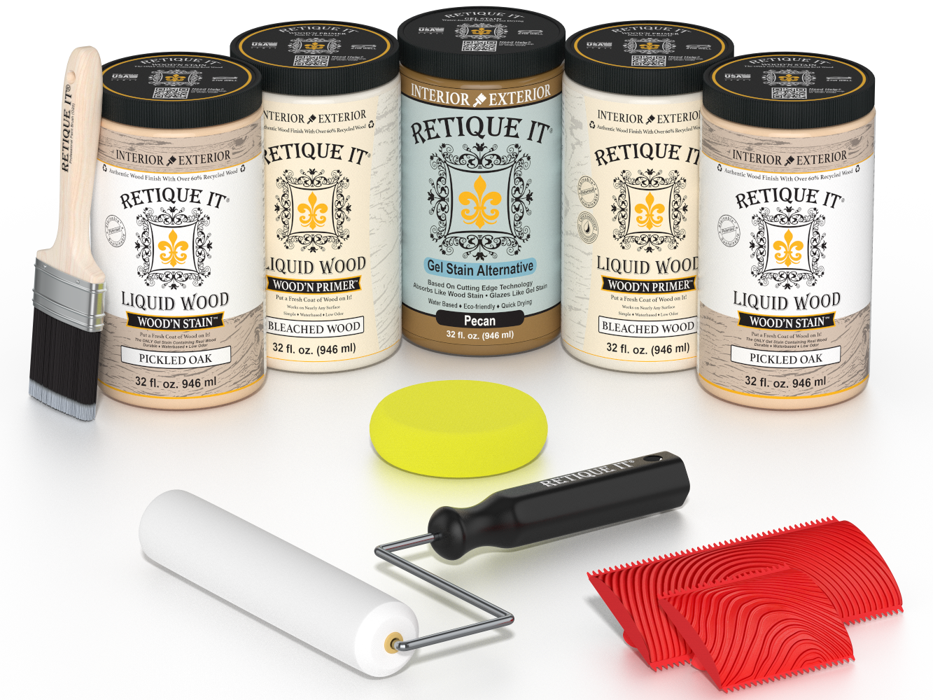 Retique It White Oak Kit with Liquid Wood, Pecan Gel Stain Alternative, yellow sponge, red graining tool, roller, and brush.