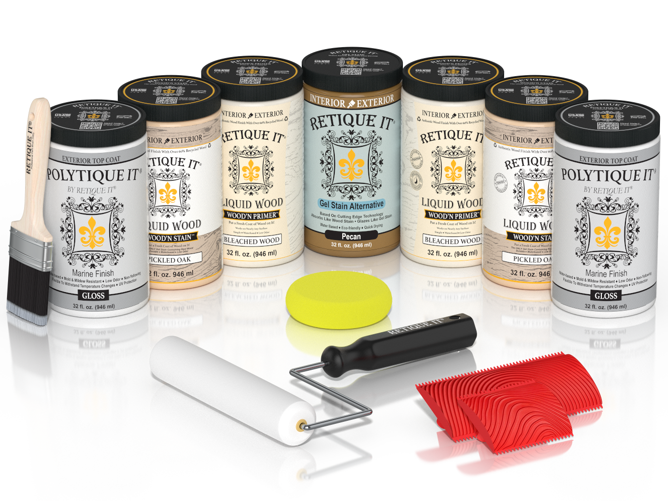 Retique It White Oak Kit with Liquid Wood, Pecan Gel Stain Alternative, Politique It Gloss Finish, yellow sponge, red graining tool, rollers, and brush.