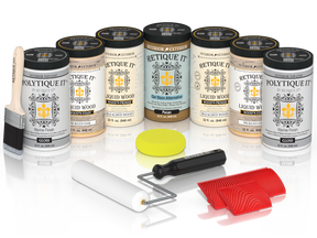 Retique It White Oak Kit with Liquid Wood, Pecan Gel Stain Alternative, Politique It Gloss Finish, yellow sponge, red graining tool, rollers, and brush.