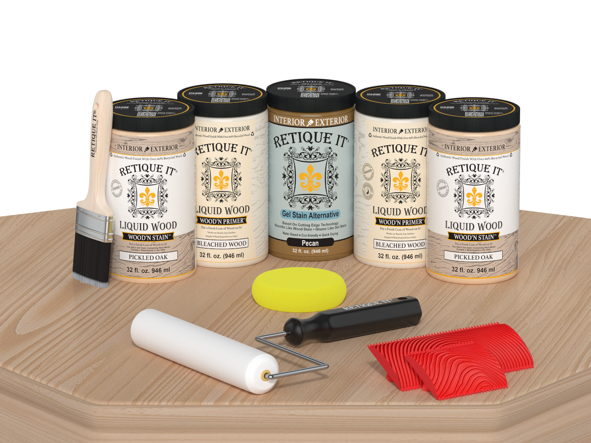 Retique It White Oak Kit with Liquid Wood, Pecan Gel Stain Alternative, yellow sponge, red graining tool, roller, and brush.