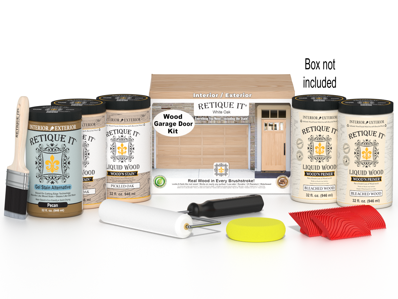 Retique It White Oak Wood Garage Door Kit with Liquid Wood, Pecan Gel Stain Alternative, yellow sponge, red graining tool, roller, brush, and kit box.