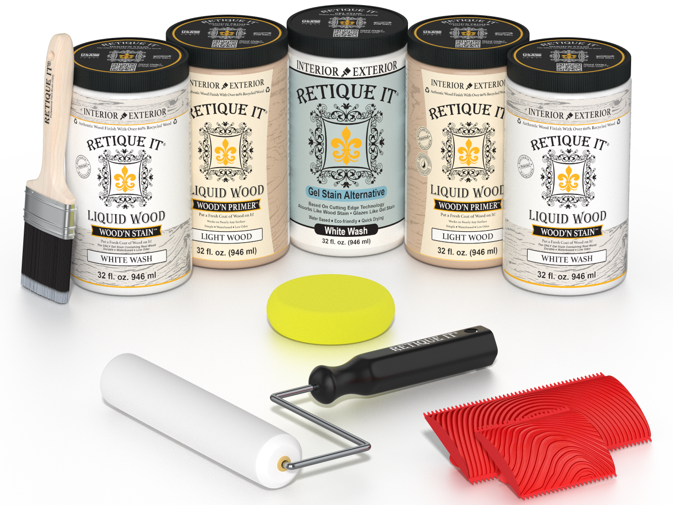 Retique It White Wash Kit with Liquid Wood, White Wash Gel Stain Alternative, yellow sponge, red graining tool, roller, and brush.