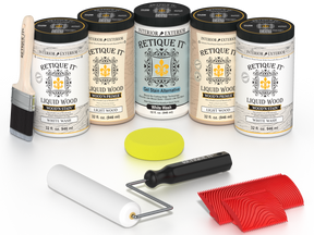 Retique It White Wash Kit with Liquid Wood, White Wash Gel Stain Alternative, yellow sponge, red graining tool, roller, and brush.