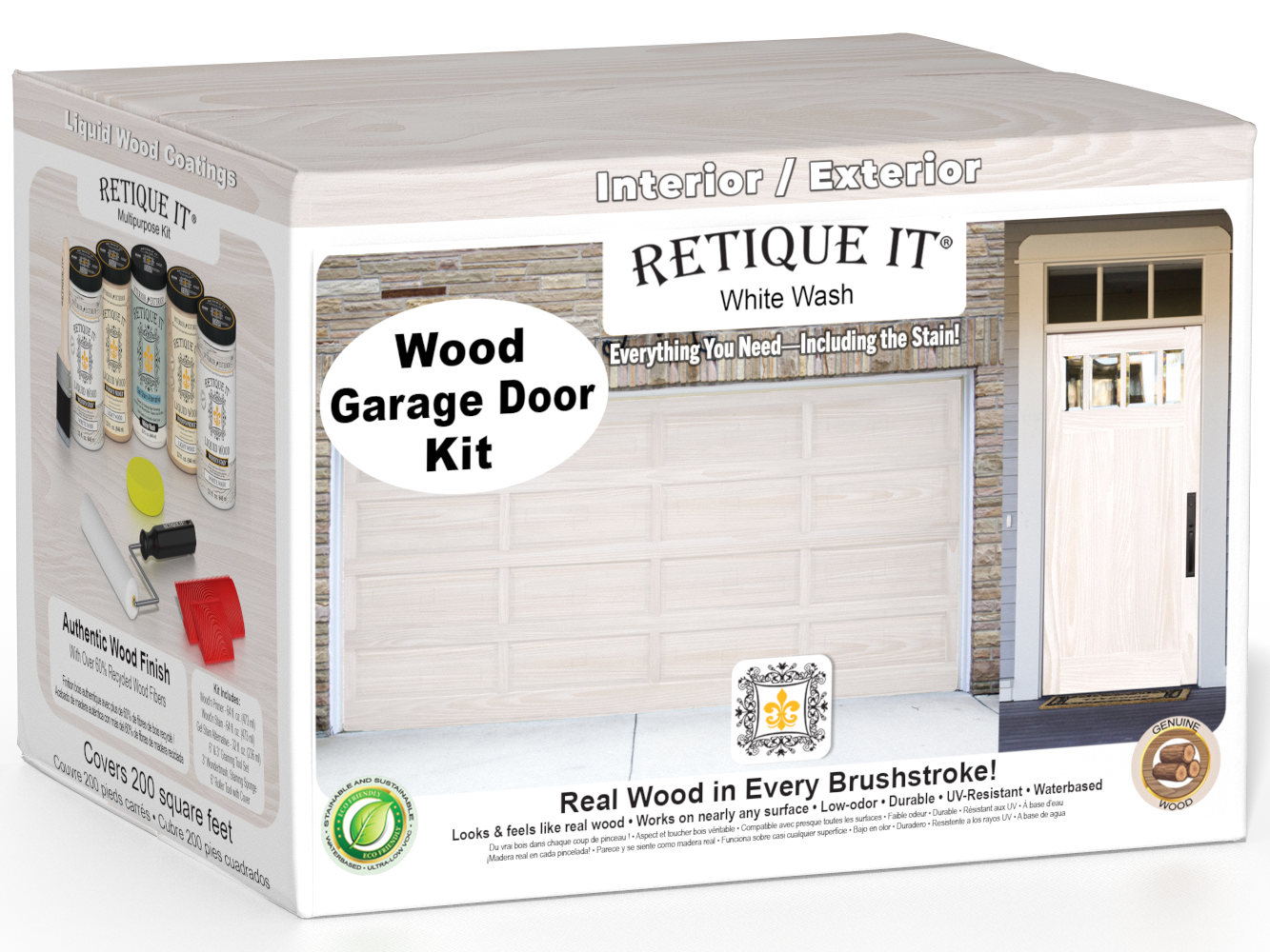 Retique It White Wash Wood Garage Door Kit box featuring garage door and entry door wood finish transformation.