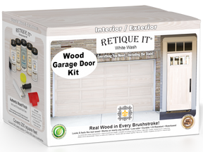 Retique It White Wash Wood Garage Door Kit box featuring garage door and entry door wood finish transformation.