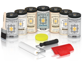 Retique It White Wash Kit with Liquid Wood, White Wash Gel Stain Alternative, Politique It Gloss Finish, yellow sponge, red graining tool, rollers, and brush.