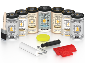 Retique It White Wash Kit with Liquid Wood, White Wash Gel Stain Alternative, Politique It Matte Finish, yellow sponge, red graining tool, roller, and brush.