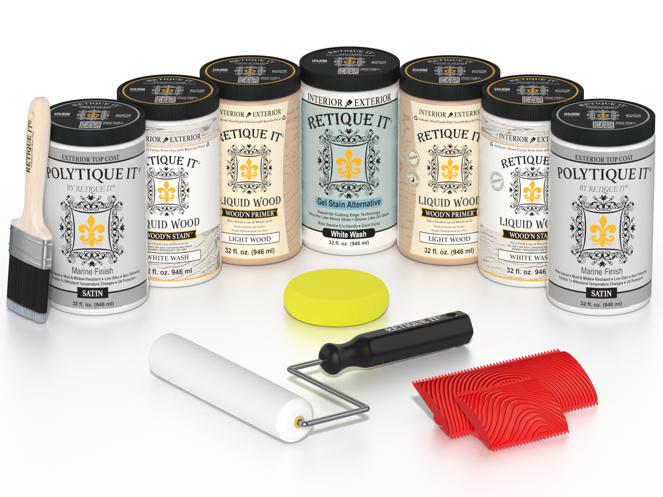 Retique It White Wash Kit with Liquid Wood, White Wash Gel Stain Alternative, Politique It Satin Finish, yellow sponge, red graining tool, roller, and brush.