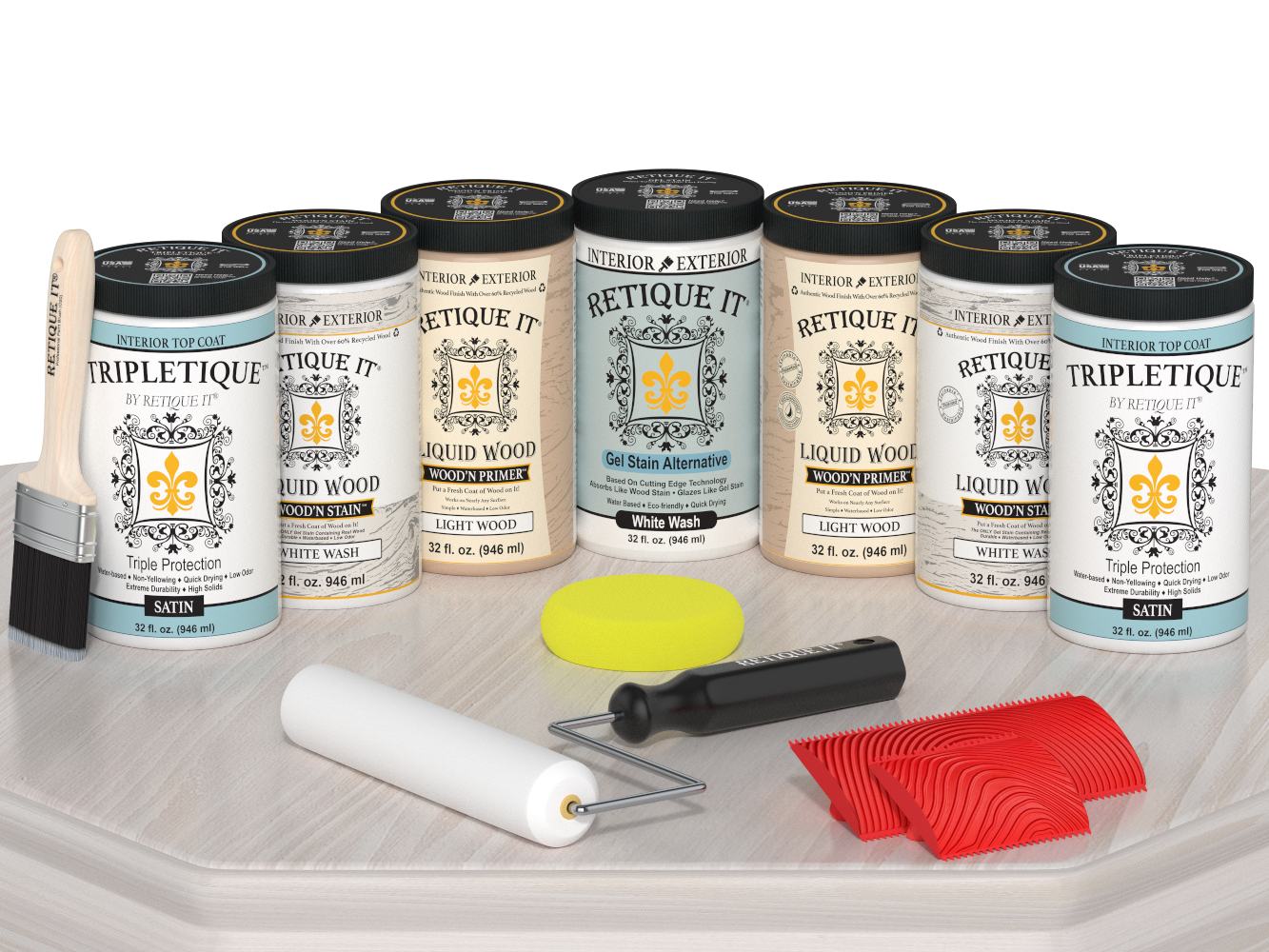Retique It® Wood'n Cabinet Kit with white wash stain showing 24 grained cabinet doors in a satin finish on a table.