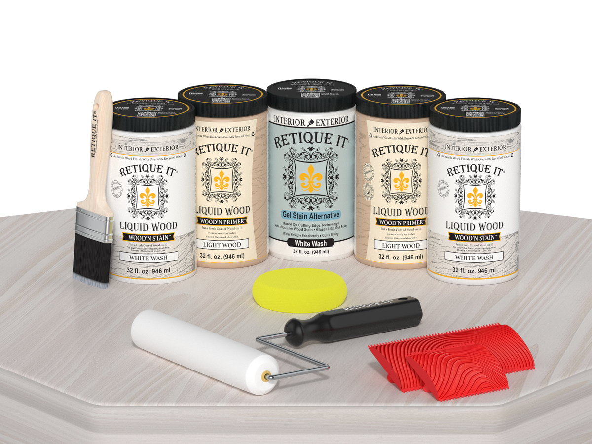 Retique It® Wood'n Cabinet Kit with 24 grained white wash stained cabinet doors on a table, showcasing wood texture and finish.