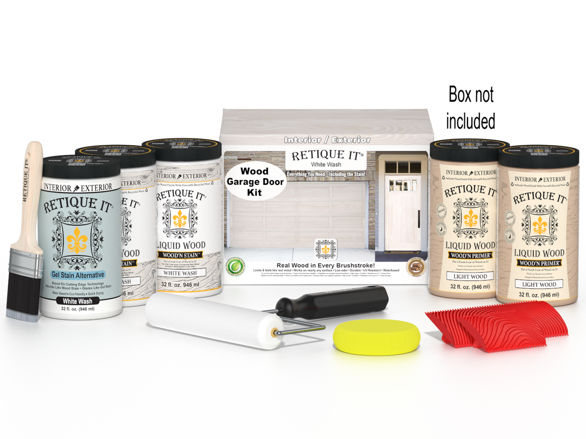 Retique It White Wash Wood Garage Door Kit with Liquid Wood, White Wash Gel Stain Alternative, yellow sponge, red graining tool, roller, brush, and kit box.