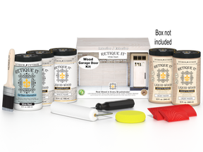 Retique It White Wash Wood Garage Door Kit with Liquid Wood, White Wash Gel Stain Alternative, yellow sponge, red graining tool, roller, brush, and kit box.