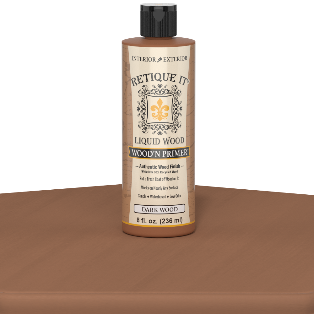 Retique It Liquid Wood Wood'n Primer in Dark Wood finish, 8 fl oz, applied to a furniture table for a rich, dark wood look.