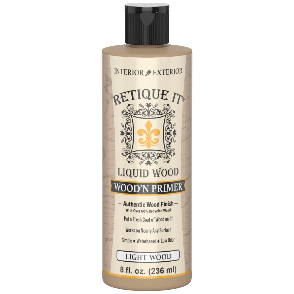Retique It® Wood'n Primer Light Wood, a primer designed for preparing light wood surfaces for painting or staining.