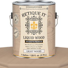 Liquid Wood Wood'n Primer by Retique It, light wood color, 128 fl oz primer for wood surfaces, shown on table.