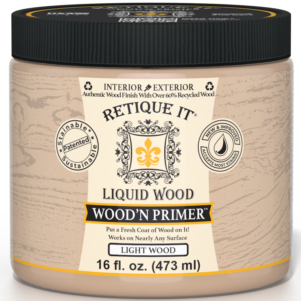 Retique It Liquid Wood Wood'n Primer in Light Wood, 16 fl oz, showing the primer applied on a wooden surface for a smooth finish.