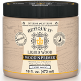Retique It Liquid Wood Wood'n Primer in Light Wood, 16 fl oz, showing the primer applied on a wooden surface for a smooth finish.