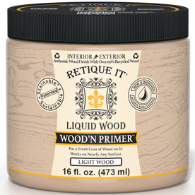 Retique It Liquid Wood Wood'n Primer in Light Wood, 16 fl oz, showing the primer applied on a wooden surface for a smooth finish.