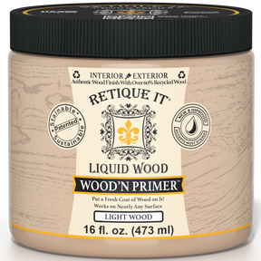 Retique It Liquid Wood Wood'n Primer in Light Wood, 16 fl oz, showing the primer applied on a wooden surface for a smooth finish.