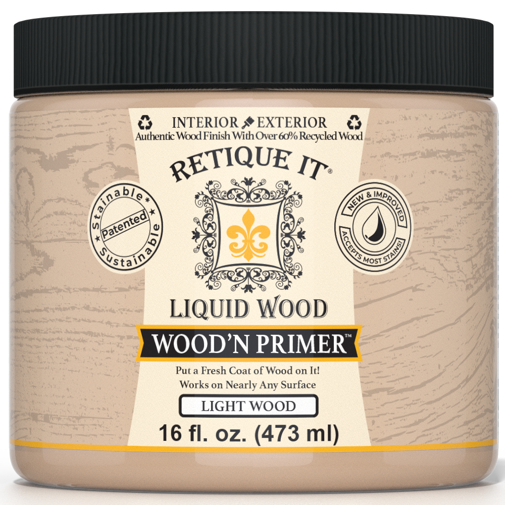 Retique It® Liquid Wood Wood'n Primer in Light Wood, 16 fl oz, showing the primer bottle with a light wood finish label.