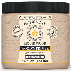 Retique It® Liquid Wood Wood'n Primer in Light Wood, 16 fl oz, showing the primer bottle with a light wood finish label.