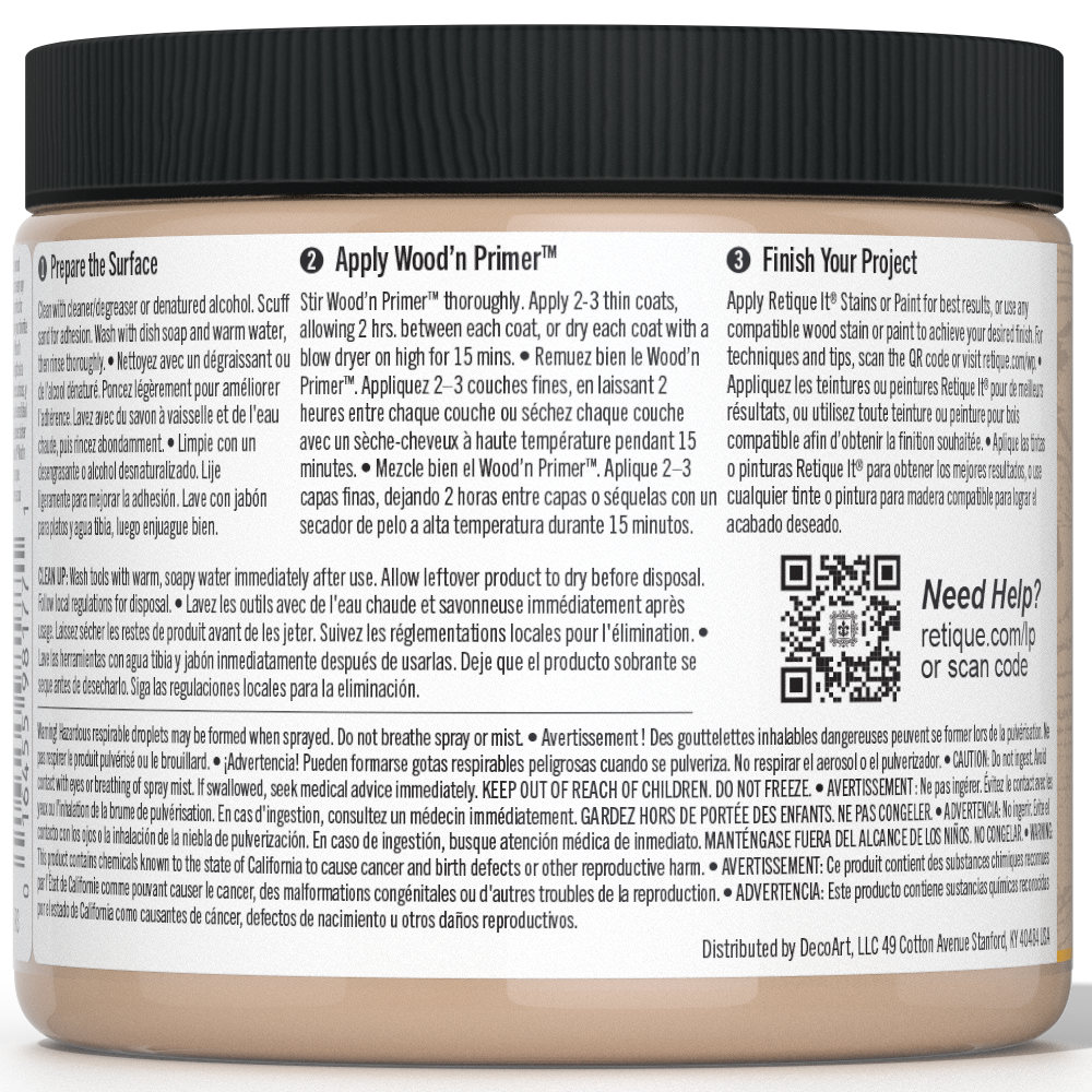 Retique It® Liquid Wood Wood'n Primer in Light Wood, 16 fl oz bottle, designed for priming surfaces before wood finishing.