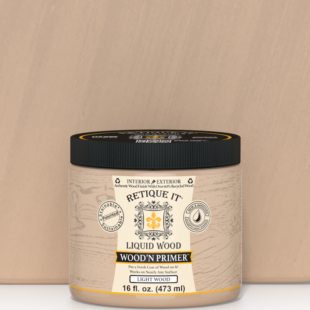 Swatch of Liquid Wood Wood'n Primer in Light Wood color by Retique It®, 16 fl oz, showing smooth primer texture on wood surface.