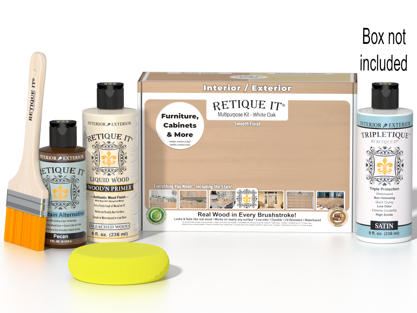 Retique It® Multi-purpose Smooth Finish Kit in White Oak for interior top coat, showing the complete wood finishing set and tools.