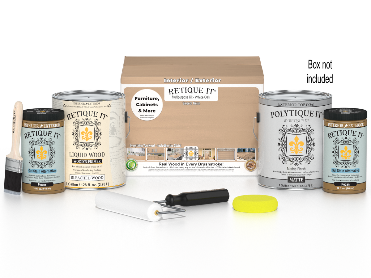 Retique It® White Oak Multi-purpose Smooth Finish Kit with 4 large exterior top coat bottles and applicator tools.