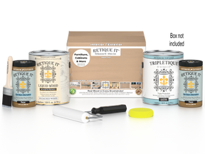 Retique It® Multi-purpose Smooth Finish Kit in White Oak with satin interior top coat, includes four large wood finish bottles and applicator tools.