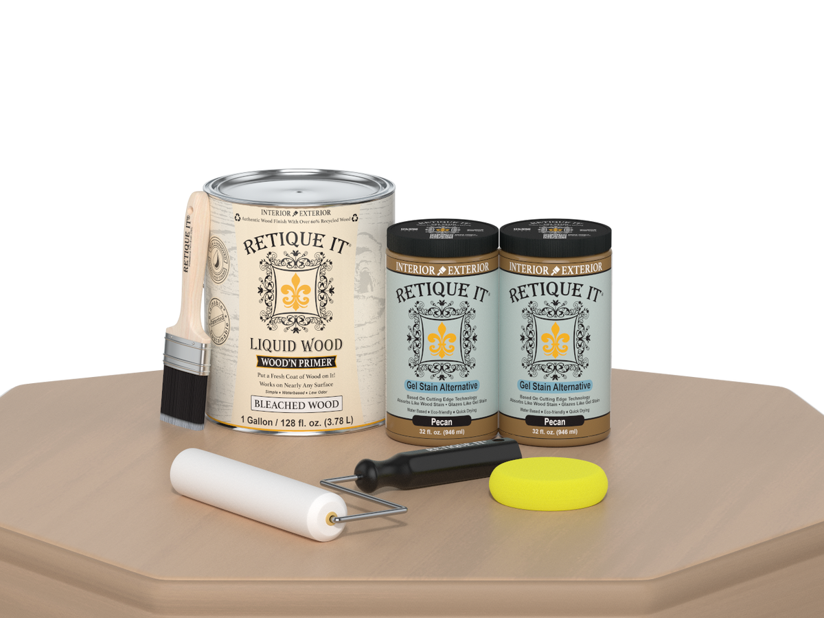 Retique It® White Oak Multi-purpose Smooth Finish Kit with four large bottles of satin interior top coat for wood furniture.
